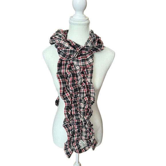 Disney Parks Plaid Ruched Cotton Scarf Mickey Mouse Embroidered Fall XL 75x9 EUC - Picture 4 of 7